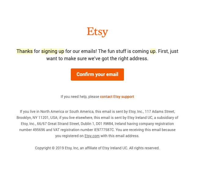 Thư xác nhận đã đăng ký email của Etsy