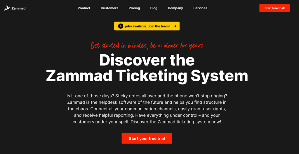 Zammad homepage displaying it’s features as a Freshdesk alternative