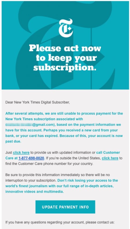 ví dụ về email dunning nyt