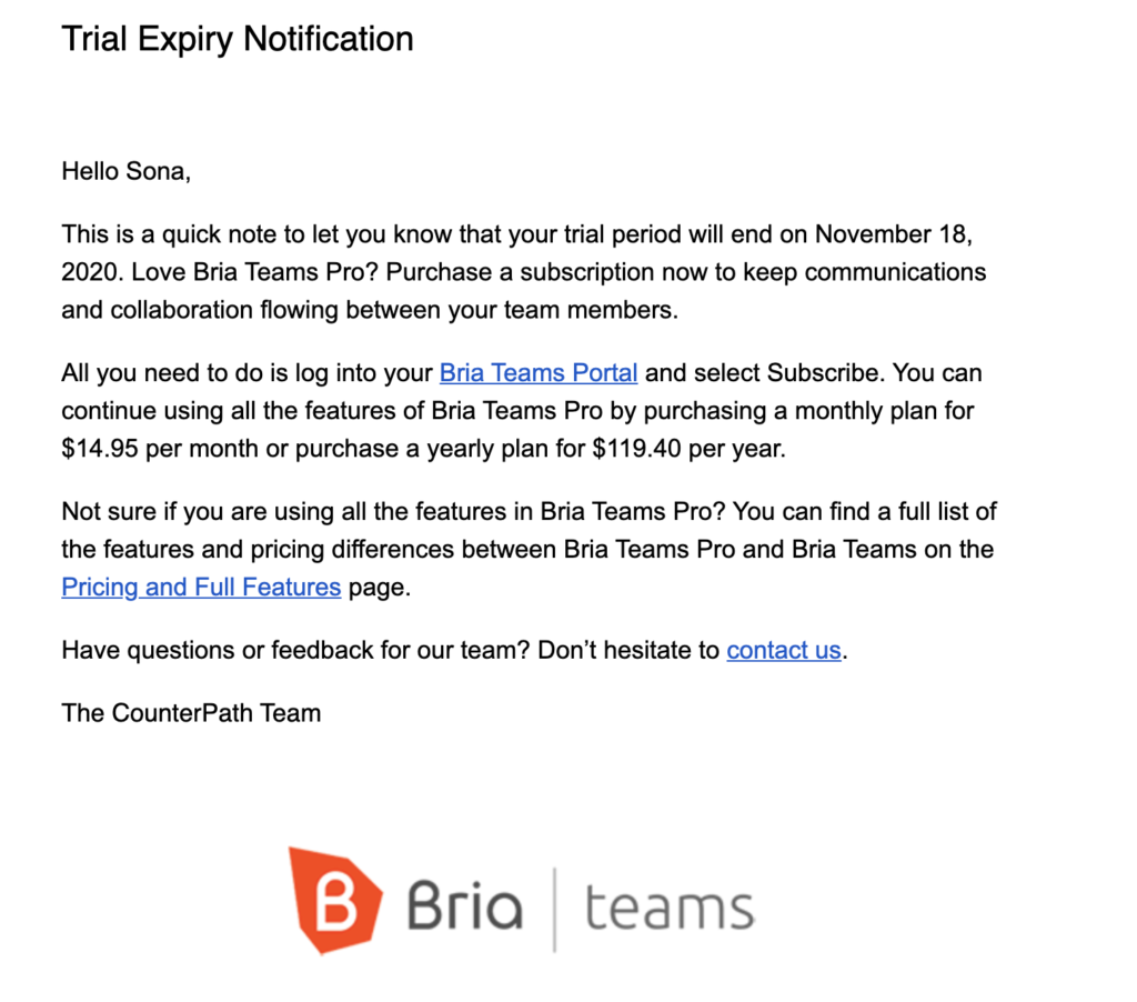 Mẫu email nâng cấp Bria
