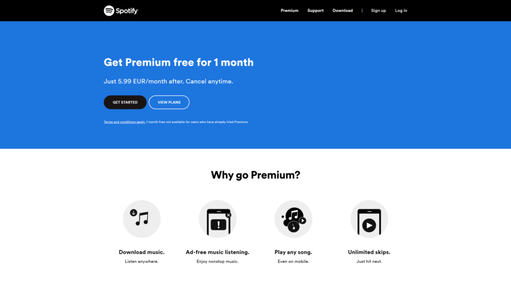 Trang landing page của Spotify