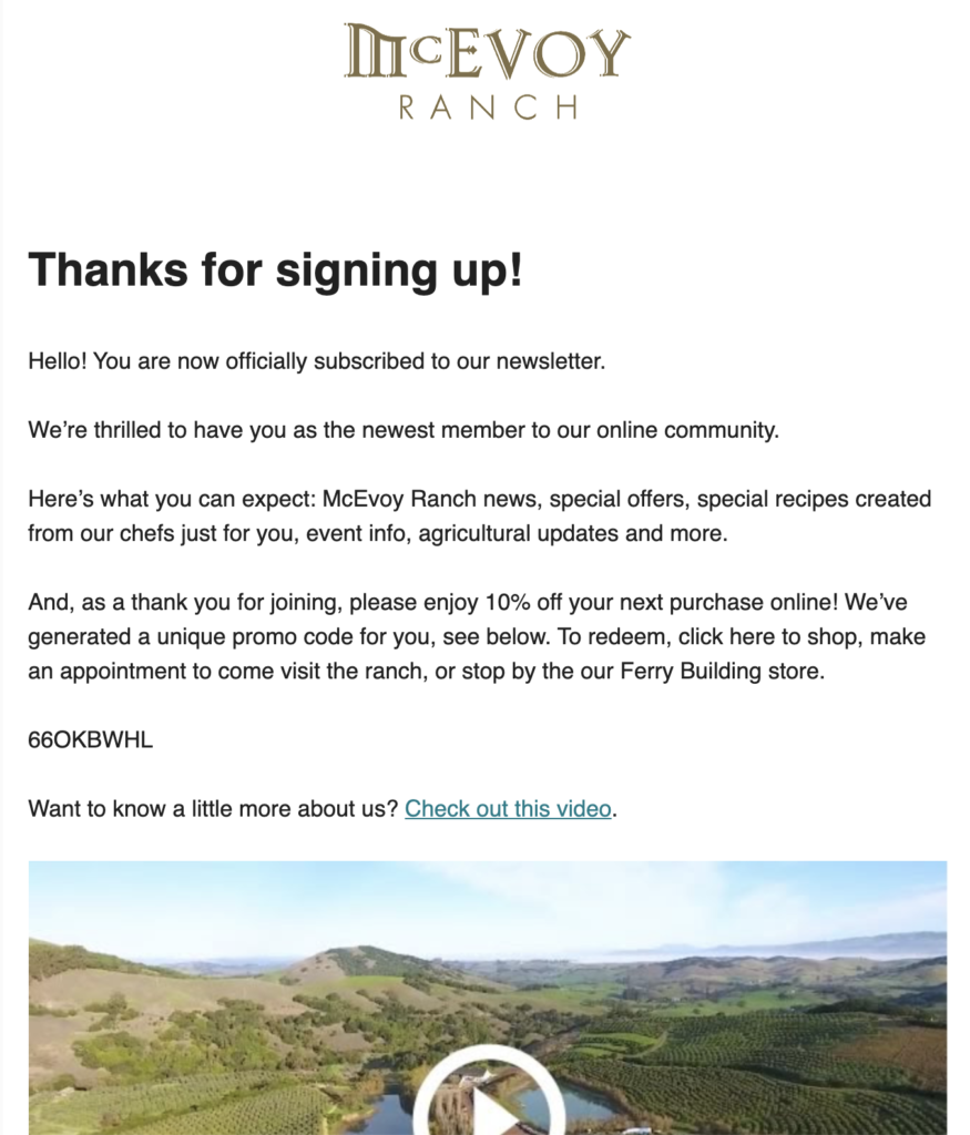 Email đăng ký nhận bản tin từ McEvoy Ranch