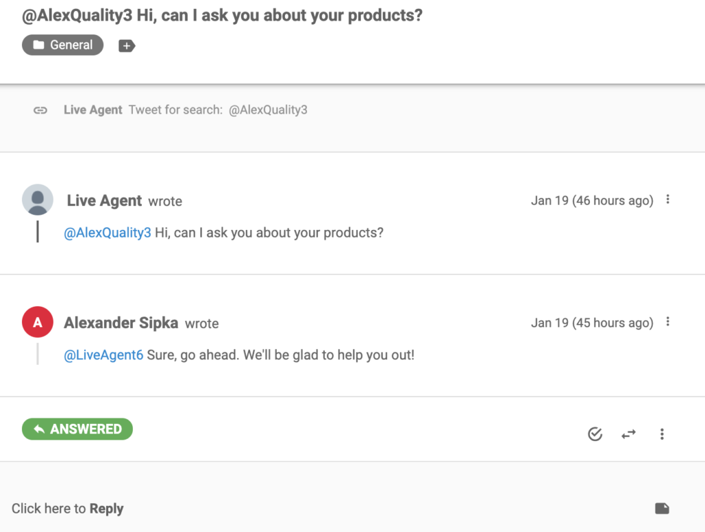 Một tweet đã được xuất sang LiveAgent dưới dạng phiếu yêu cầu hỗ trợ