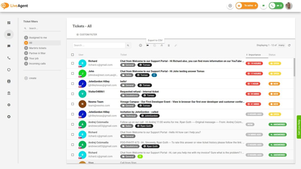 Trang tổng quan về ticket của LiveAgent bên trong ứng dụng