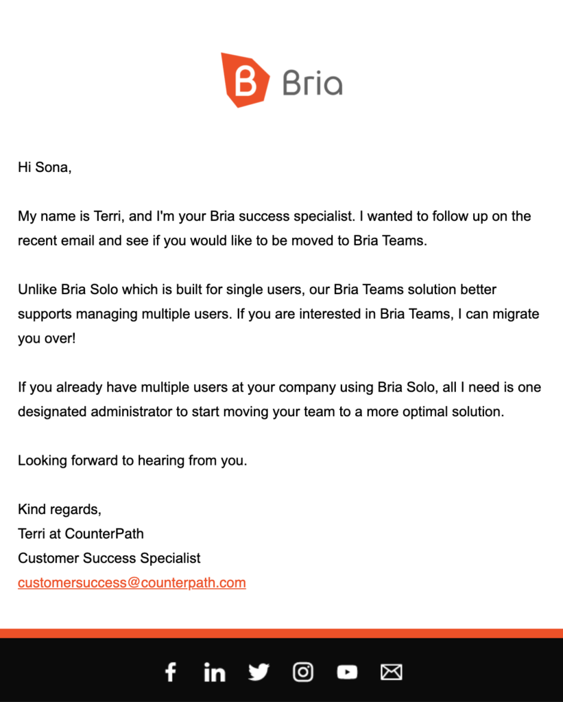 email theo-dõi dịch vụ khách hàng từ Bria