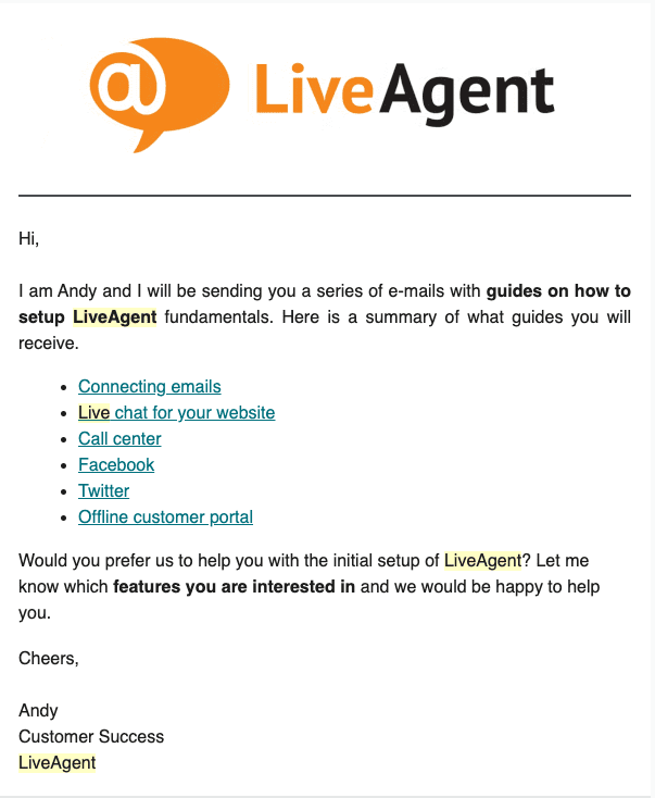 Mẫu email chào mừng để làm quen với LiveAgent