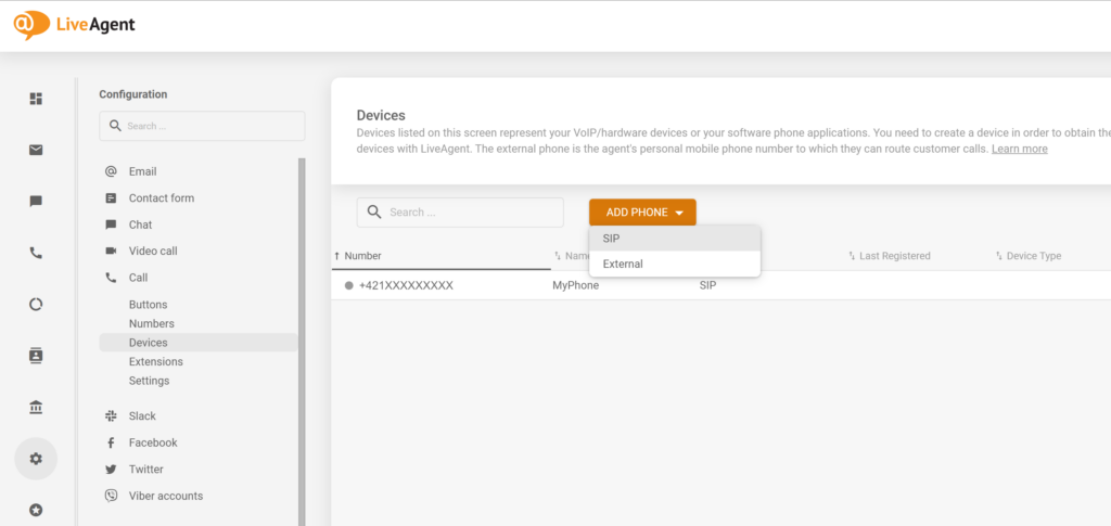 Hình ảnh hướng dẫn cách thêm điện thoại SIP mới vào cấu hình LiveAgent
