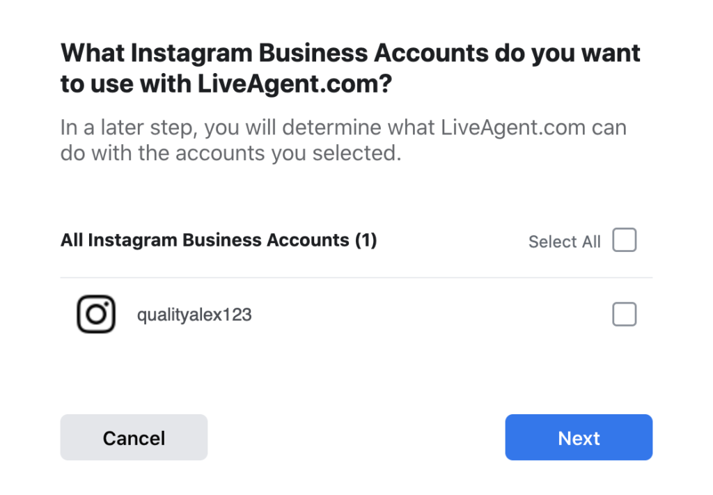 Chọn tài khoản Instagram bạn muốn đưa vào tích hợp