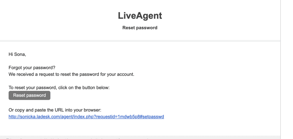 LiveAgent email đặt lại mật khẩu