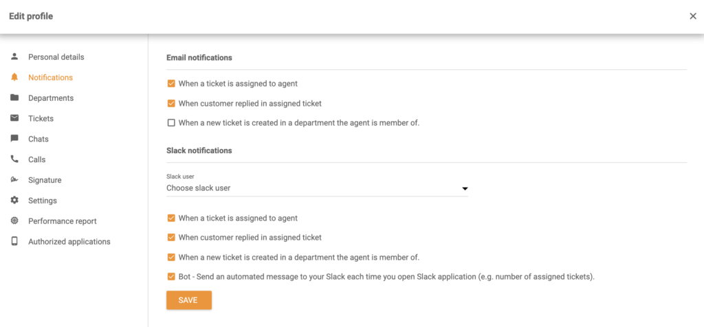 Các tùy chọn dành cho thông báo Slack có trong phần Chỉnh sửa hồ sơ