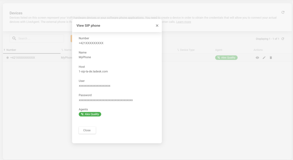 Hình ảnh hiển thị chi tiết của điện thoại SIP mới được tạo trong cấu hình LiveAgent