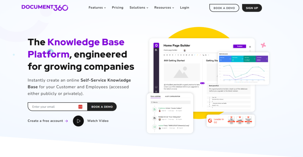 Ảnh chụp trang chủ Document360 tập trung vào các tính năng chính