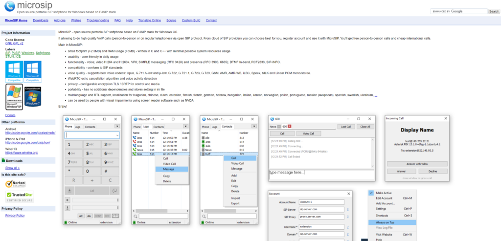 Hình ảnh hiển thị trang chủ MicroSIP