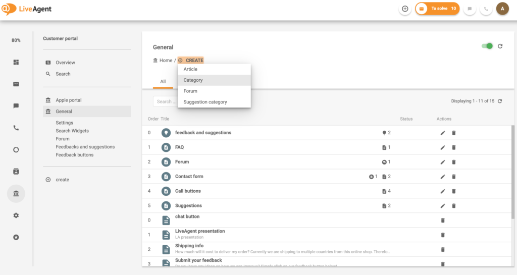 Ví dụ về tạo danh mục cho cổng thông tin khách hàng trong hệ thống cơ sở tri thức LiveAgent