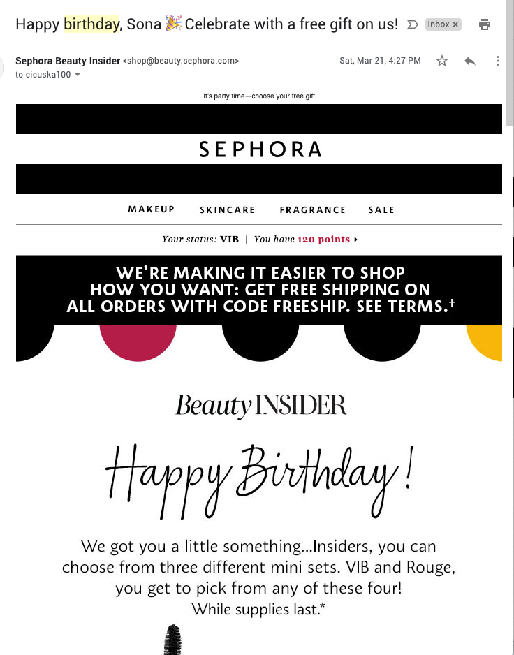 Mẫu email tặng thưởng cho khách hàng thân thiết Sephora