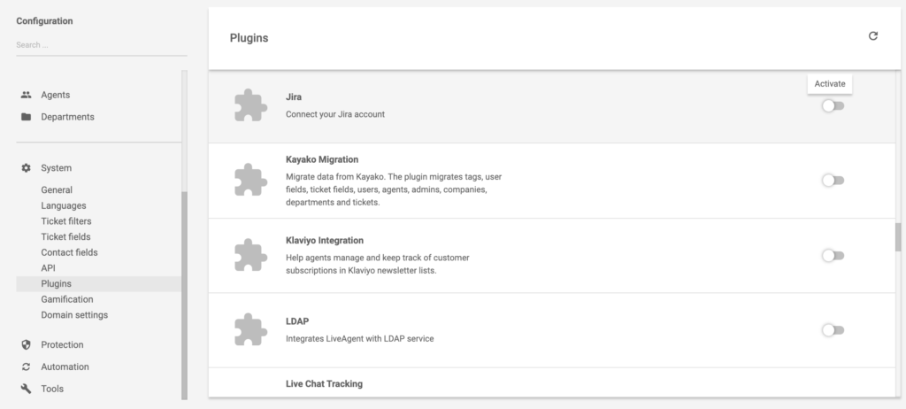 Nơi tìm plugin Jira trong phần cài đặt LiveAgent