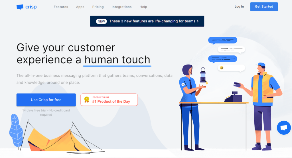 Crisp homepage - Engaging user experience as an alternative to Intercom