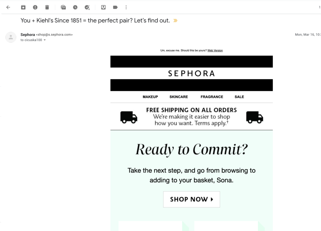 Ví dụ về mẫu email nhắc khách hàng về giỏ hàng bị bỏ qua - Sephora