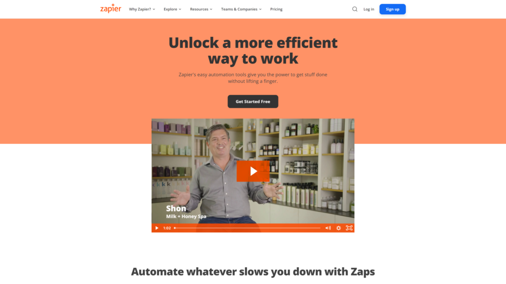 Trang landing page của Zapier