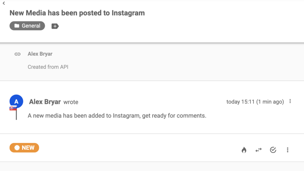 Tin nhắn Instagram về một bài đăng mới trong hệ thống phiếu LiveAgent