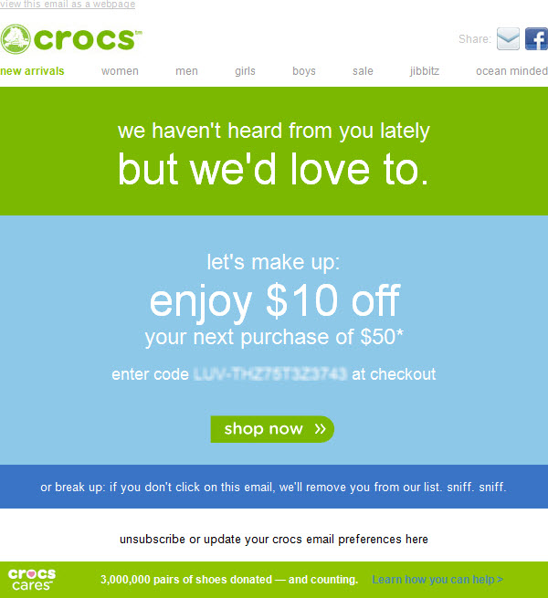 Email Tạm Biệt giá trị từ Crocs