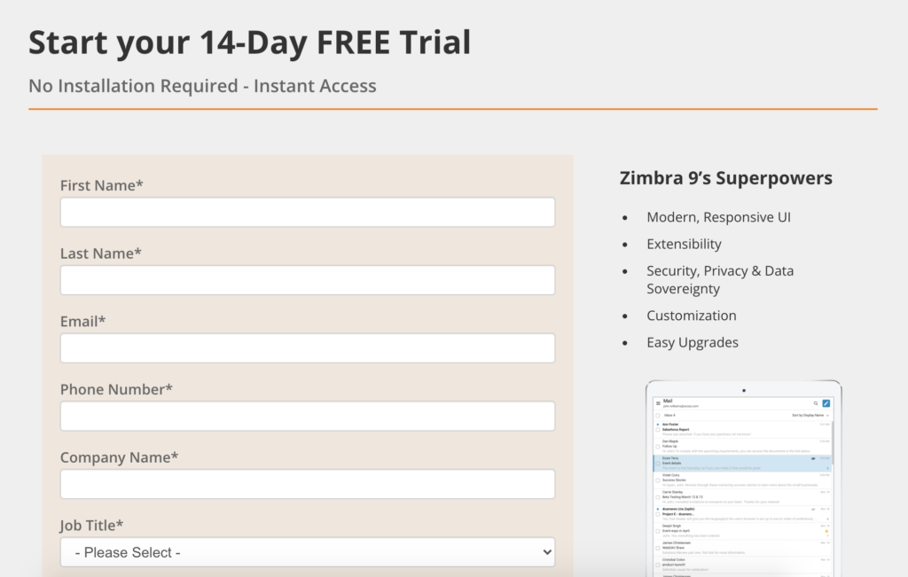 Trang dùng thử của Zimbra với mẫu form để trống