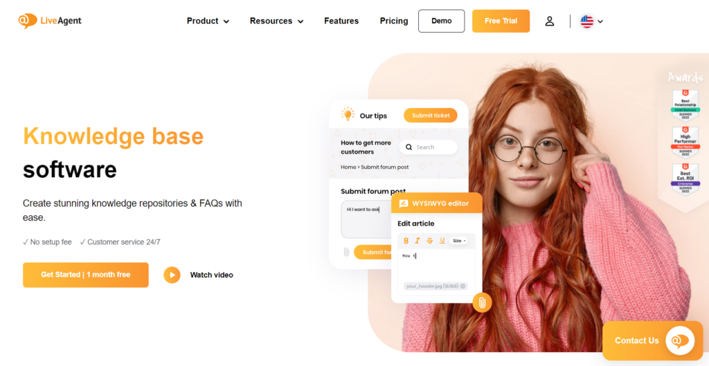 Trang chủ thu hút của LiveAgent nêu bật công cụ cơ sở tri ​​thức của nó